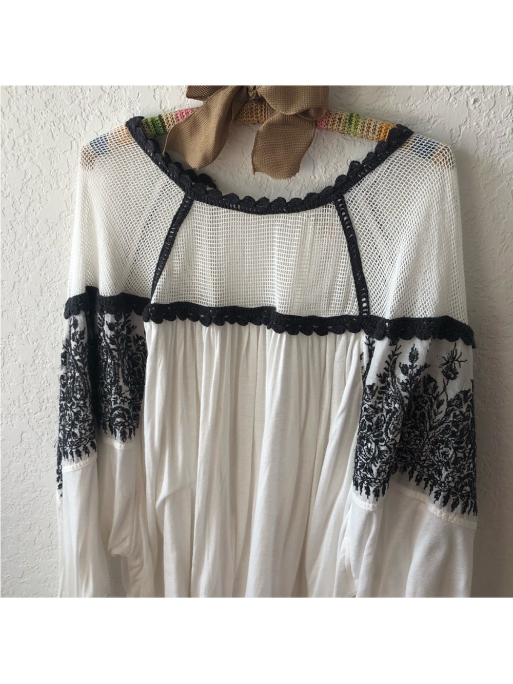 Free People White Peasant Blouse With Open Back and Gray Embroidered Detail